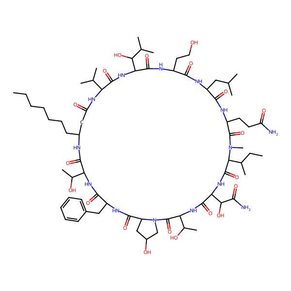 2D Structure of cyclo[Asn(3S-OH)-Thr-Hyp-D-Phe-Thr-bAla(3R-heptyl)-Val-Leu(3R-OH)-Hse-D-Leu-Gln-N(Me)Ile]