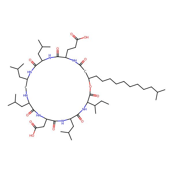 2D Structure of 3-[(3S,6R,9S,12S,15R,18S,21S)-3-[(2S)-butan-2-yl]-9-(carboxymethyl)-6,12,15,18-tetrakis(2-methylpropyl)-25-(10-methylundecyl)-2,5,8,11,17,20,23-heptaoxo-1-oxa-4,7,10,13,16,19,22-heptazacyclopentacos-21-yl]propanoic acid