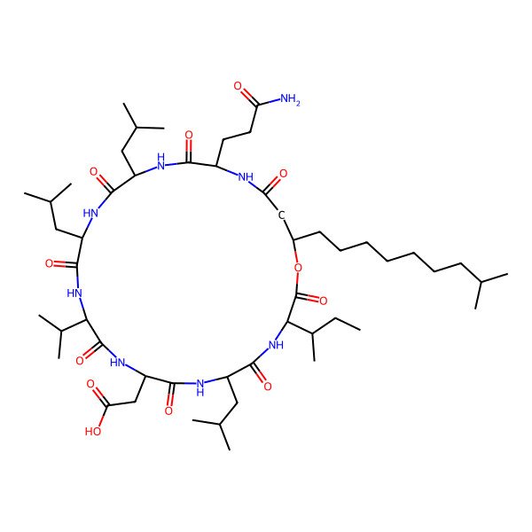 2D Structure of cyclo[Asp-D-Leu-Ile-ObAla(3R-isodecyl)-Gln-Leu-D-Leu-Val]