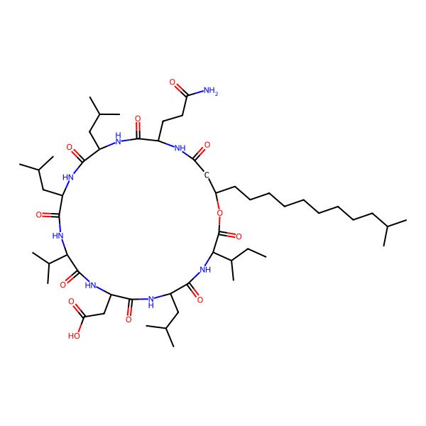 2D Structure of cyclo[Asp-D-Leu-Ile-ObAla(3R-isododecyl)-Gln-Leu-D-Leu-Val]