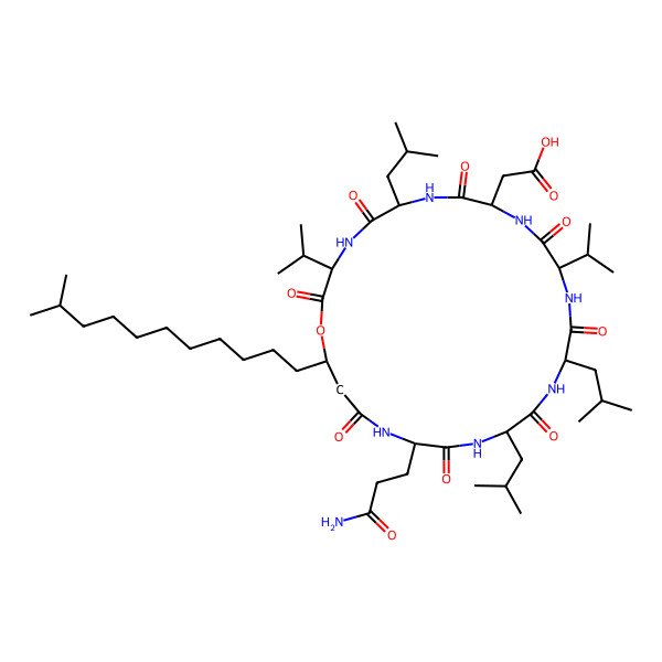 2D Structure of cyclo[Asp-Leu-Val-ObAla(3R-isododecyl)-Gln-Leu-D-Leu-Val]