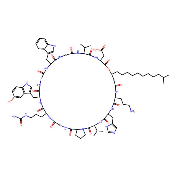 2D Structure of cyclo[Asp-ObAla(3-isododecyl)-Orn-His-Val-Pro-Gly-Cit-Trp(5-OH)-Gly-Trp-Gly-Val]