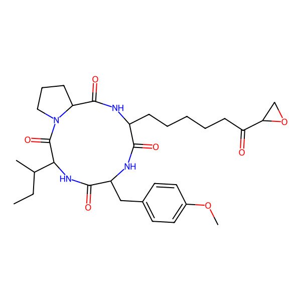 2D Structure of (3S,6R,9S,12S)-3-[(2S)-butan-2-yl]-6-[(4-methoxyphenyl)methyl]-9-[6-[(2S)-oxiran-2-yl]-6-oxohexyl]-1,4,7,10-tetrazabicyclo[10.3.0]pentadecane-2,5,8,11-tetrone