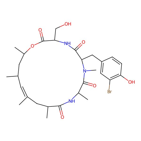 2D Structure of (3S,6R,9R,12R,14E,16S,18R)-6-[(3-bromo-4-hydroxyphenyl)methyl]-3-(hydroxymethyl)-7,9,12,14,16,18-hexamethyl-1-oxa-4,7,10-triazacyclooctadec-14-ene-2,5,8,11-tetrone