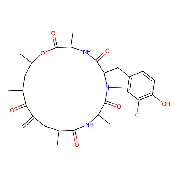 2D Structure of (3S,6R,9R,12S,16S,18R)-6-[(3-chloro-4-hydroxyphenyl)methyl]-3,7,9,12,16,18-hexamethyl-14-methylidene-1-oxa-4,7,10-triazacyclooctadecane-2,5,8,11,15-pentone