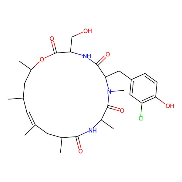 2D Structure of (3S,6R,9R,12S,14E,16R,18R)-6-[(3-chloro-4-hydroxyphenyl)methyl]-3-(hydroxymethyl)-7,9,12,14,16,18-hexamethyl-1-oxa-4,7,10-triazacyclooctadec-14-ene-2,5,8,11-tetrone