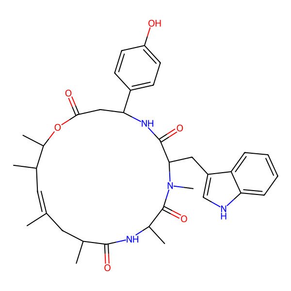 2D Structure of (4R,7S,10R,13S,15Z,17S,18R)-4-(4-hydroxyphenyl)-7-(1H-indol-3-ylmethyl)-8,10,13,15,17,18-hexamethyl-1-oxa-5,8,11-triazacyclooctadec-15-ene-2,6,9,12-tetrone