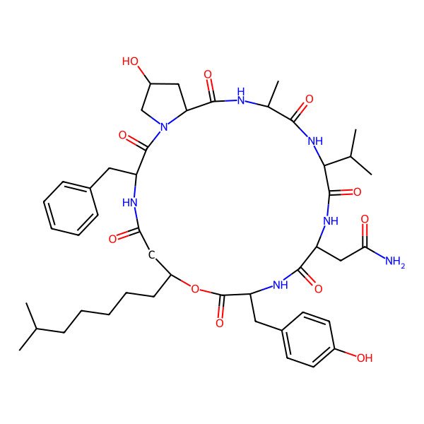 2D Structure of cyclo[D-Ala-Val-D-Asn-Tyr-ObAla(3S-isooctyl)-D-Phe-Hyp]