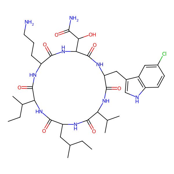 2D Structure of cyclo[D-Asn(3S-OH)-Trp(5-Cl)-D-Val-D-Leu(5-Me)-aIle-Orn]