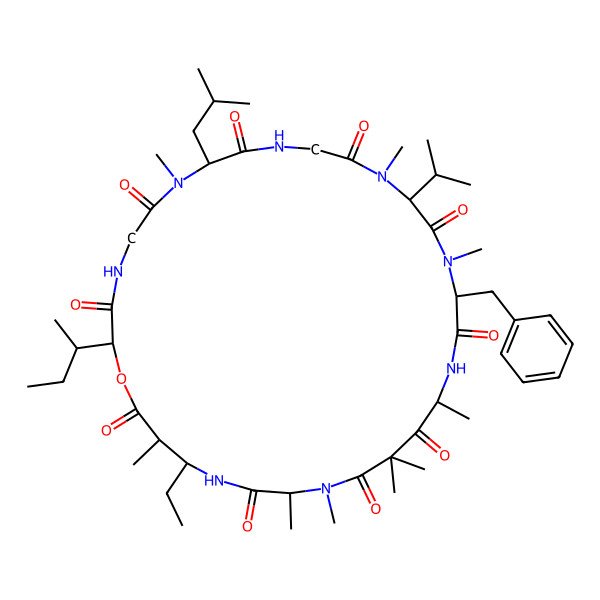 2D Structure of (8R,14S,17S,25R,28R,29S)-17-benzyl-2-[(2S)-butan-2-yl]-28-ethyl-7,13,16,20,22,22,24,25,29-nonamethyl-8-(2-methylpropyl)-14-propan-2-yl-1-oxa-4,7,10,13,16,19,24,27-octazacyclotriacontane-3,6,9,12,15,18,21,23,26,30-decone