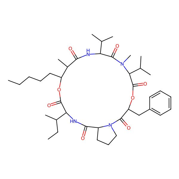 2D Structure of cyclo[D-OPhe-Pro-aIle-ObAla(2S-Me,3R-pentyl)-Val-D-N(Me)Val]