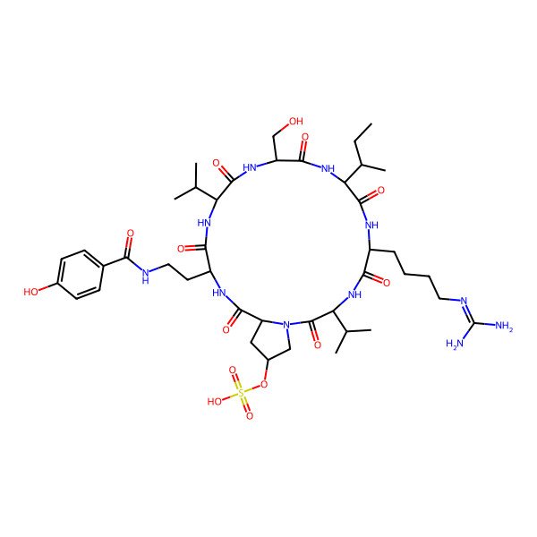 2D Structure of cyclo[Dab(Bz(4-OH))(Bz(4-OH))-D-Val-Ser-D-Ile-D-hArg-Val-Hyp(SO3H)(SO3H)]