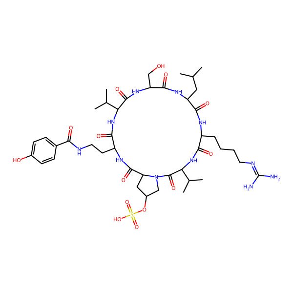 2D Structure of cyclo[Dab(Bz(4-OH))(Bz(4-OH))-Val-D-Ser-D-Leu-D-hArg-Val-Hyp(SO3H)(SO3H)]