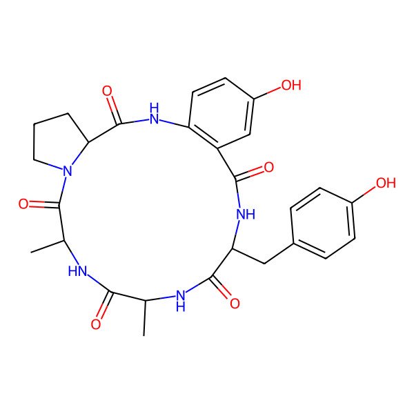 2D Structure of 21-Hydroxy-16-[(4-hydroxyphenyl)methyl]-10,13-dimethyl-2,8,11,14,17-pentazatricyclo[17.4.0.04,8]tricosa-1(19),20,22-triene-3,9,12,15,18-pentone
