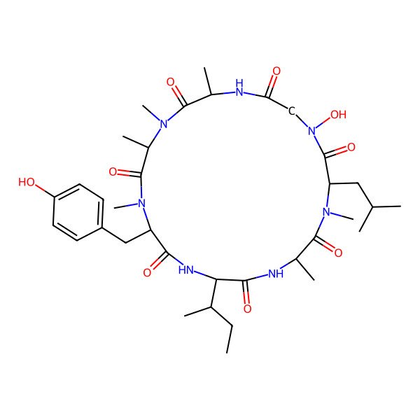 2D Structure of cyclo[DL-Ala-DL-N(Me)Ala-DL-N(Me)Tyr-DL-xiIle-DL-Ala-DL-N(Me)Leu-N(OH)Gly]