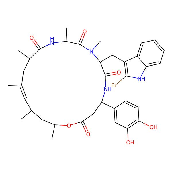 2D Structure of 7-[(2-bromo-1H-indol-3-yl)methyl]-4-(3,4-dihydroxyphenyl)-8,10,13,15,17,19-hexamethyl-1-oxa-5,8,11-triazacyclononadec-15-ene-2,6,9,12-tetrone
