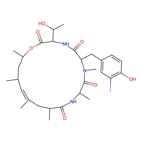 2D Structure of 3-(1-Hydroxyethyl)-6-[(4-hydroxy-3-iodophenyl)methyl]-7,9,12,14,16,18-hexamethyl-1-oxa-4,7,10-triazacyclooctadec-14-ene-2,5,8,11-tetrone