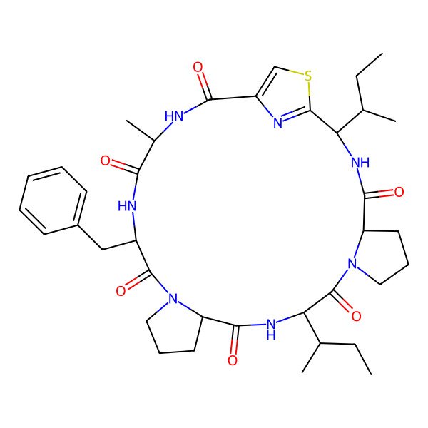 2D Structure of 20-Benzyl-2,11-di(butan-2-yl)-23-methyl-28-thia-3,9,12,18,21,24,29-heptazatetracyclo[24.2.1.05,9.014,18]nonacosa-1(29),26-diene-4,10,13,19,22,25-hexone