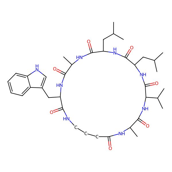 2D Structure of 3-(1H-indol-3-ylmethyl)-6,18-dimethyl-9,12-bis(2-methylpropyl)-15-propan-2-yl-1,4,7,10,13,16,19-heptazacyclotricosane-2,5,8,11,14,17,20-heptone