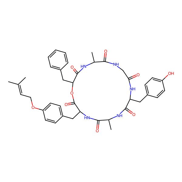 2D Structure of 18-Benzyl-9-[(4-hydroxyphenyl)methyl]-6,15-dimethyl-3-[[4-(3-methylbut-2-enoxy)phenyl]methyl]-1-oxa-4,7,10,13,16-pentazacyclooctadecane-2,5,8,11,14,17-hexone