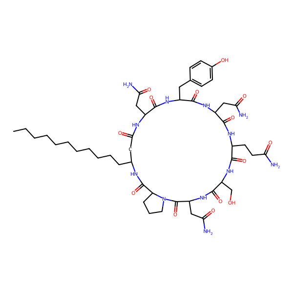 2D Structure of cyclo[DL-Asn-DL-Gln-DL-Ser-DL-Asn-DL-Pro-bAla(3-undecyl)-DL-Asn-DL-Tyr]