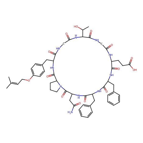 2D Structure of 3-[3-(2-Amino-2-oxoethyl)-6,9-dibenzyl-18-(1-hydroxyethyl)-24-[[4-(3-methylbut-2-enoxy)phenyl]methyl]-2,5,8,11,14,17,20,23,26-nonaoxo-1,4,7,10,13,16,19,22,25-nonazabicyclo[25.3.0]triacontan-12-yl]propanoic acid