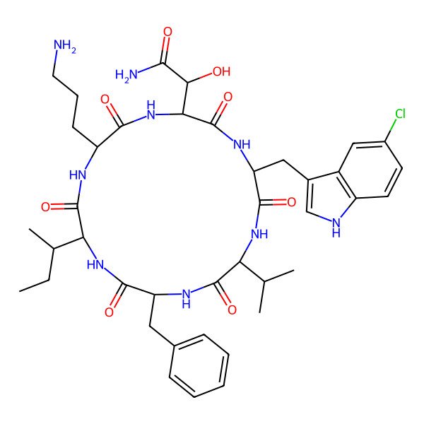 2D Structure of cyclo[DL-Asn(3-OH)-DL-Trp(5-Cl)-DL-Val-DL-Phe-DL-xiIle-DL-Orn]