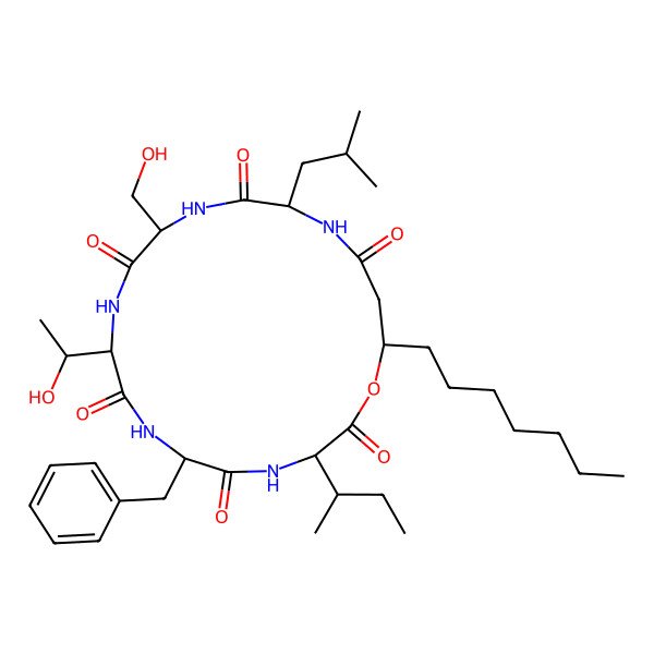 2D Structure of cyclo[DL-Leu-DL-Ser-DL-xiThr-DL-Phe-DL-xiIle-ObAla(3-heptyl)]