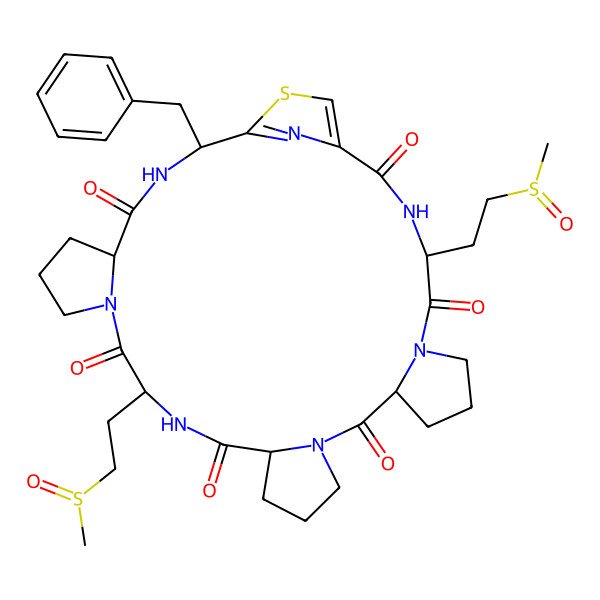 2D Structure of 2-Benzyl-11,26-bis(2-methylsulfinylethyl)-31-thia-3,9,12,18,24,27,32-heptazapentacyclo[27.2.1.05,9.014,18.020,24]dotriaconta-1(32),29-diene-4,10,13,19,25,28-hexone