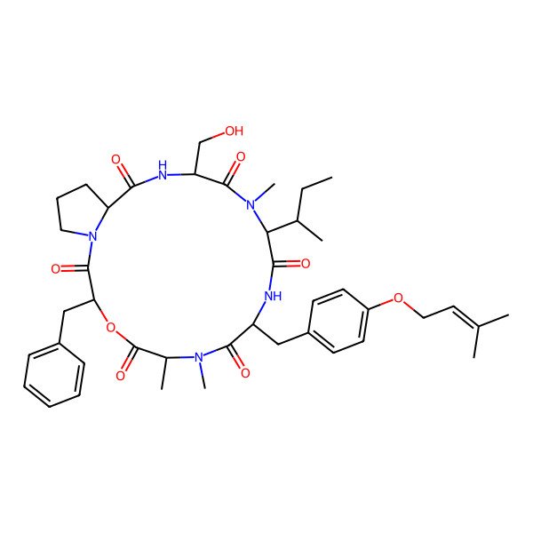 2D Structure of 3-Benzyl-12-butan-2-yl-15-(hydroxymethyl)-6,7,13-trimethyl-9-[[4-(3-methylbut-2-enoxy)phenyl]methyl]-4-oxa-1,7,10,13,16-pentazabicyclo[16.3.0]henicosane-2,5,8,11,14,17-hexone