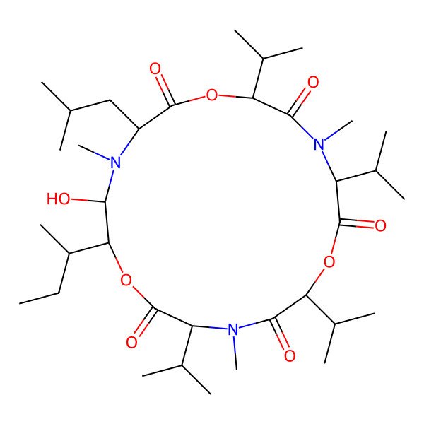 2D Structure of 18-Butan-2-yl-17-hydroxy-4,10,16-trimethyl-15-(2-methylpropyl)-3,6,9,12-tetra(propan-2-yl)-1,7,13-trioxa-4,10,16-triazacyclooctadecane-2,5,8,11,14-pentone