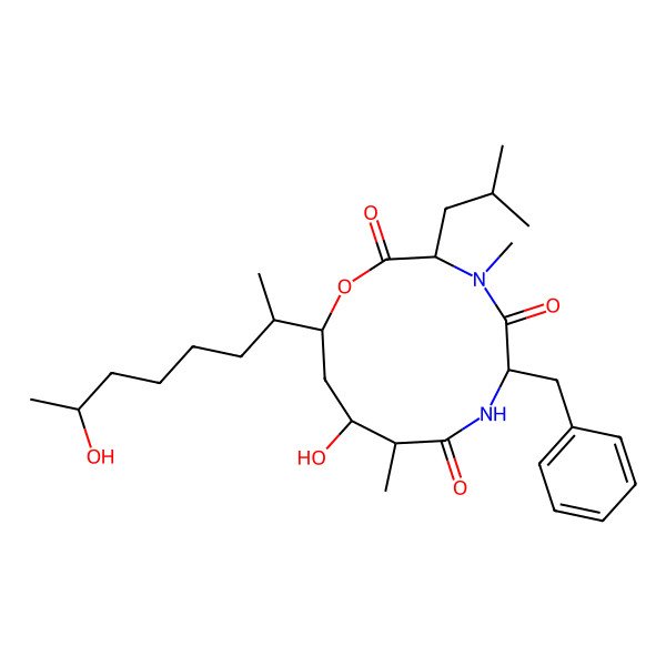 2D Structure of 6-Benzyl-10-hydroxy-12-(7-hydroxyoctan-2-yl)-4,9-dimethyl-3-(2-methylpropyl)-1-oxa-4,7-diazacyclododecane-2,5,8-trione