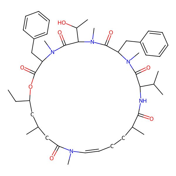 2D Structure of 3,9-Dibenzyl-25-ethyl-6-(1-hydroxyethyl)-4,7,10,15,20,23-hexamethyl-12-propan-2-yl-1-oxa-4,7,10,13,20-pentazacyclopentacos-18-ene-2,5,8,11,14,21-hexone