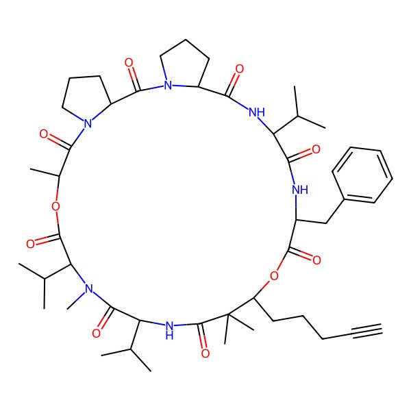 2D Structure of 22-Benzyl-9,13,18,18-tetramethyl-19-pent-4-ynyl-12,15,25-tri(propan-2-yl)-10,20-dioxa-1,7,13,16,23,26-hexazatricyclo[26.3.0.03,7]hentriacontane-2,8,11,14,17,21,24,27-octone