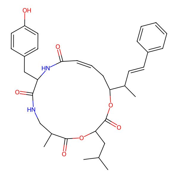 2D Structure of 10-[(4-Hydroxyphenyl)methyl]-6-methyl-3-(2-methylpropyl)-16-(4-phenylbut-3-en-2-yl)-1,4-dioxa-8,11-diazacyclohexadec-13-ene-2,5,9,12-tetrone