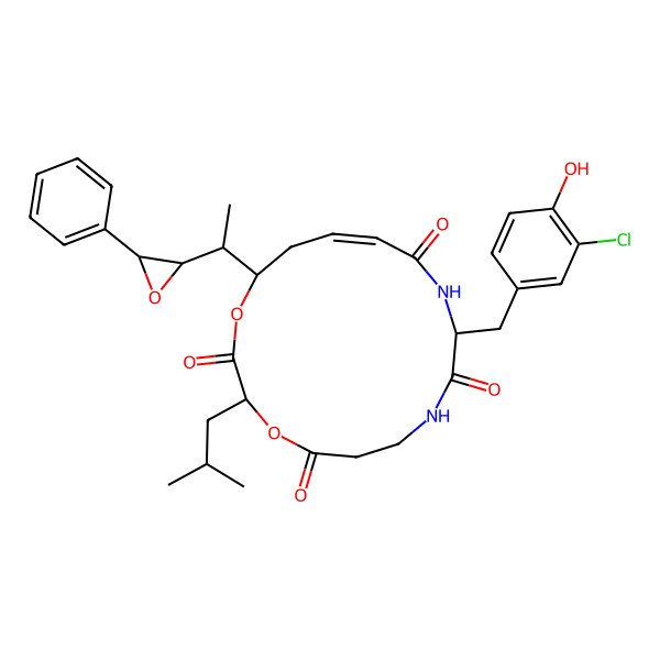 2D Structure of 10-[(3-Chloro-4-hydroxyphenyl)methyl]-3-(2-methylpropyl)-16-[1-(3-phenyloxiran-2-yl)ethyl]-1,4-dioxa-8,11-diazacyclohexadec-13-ene-2,5,9,12-tetrone