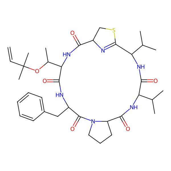 2D Structure of 14-Benzyl-17-[1-(2-methylbut-3-en-2-yloxy)ethyl]-2,5-di(propan-2-yl)-22-thia-3,6,12,15,18,23-hexazatricyclo[18.2.1.08,12]tricos-1(23)-ene-4,7,13,16,19-pentone