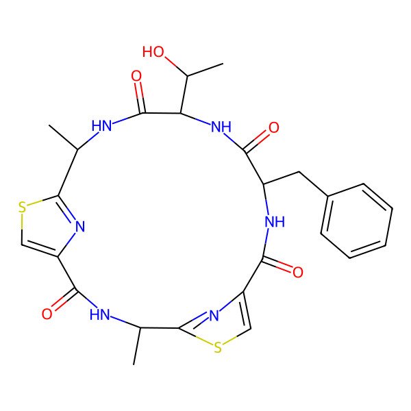 2D Structure of 11-Benzyl-14-(1-hydroxyethyl)-4,17-dimethyl-6,19-dithia-3,10,13,16,21,22-hexazatricyclo[16.2.1.15,8]docosa-1(20),5(22),7,18(21)-tetraene-2,9,12,15-tetrone