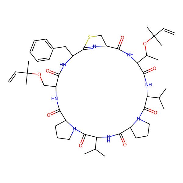 2D Structure of 2-Benzyl-26-[1-(2-methylbut-3-en-2-yloxy)ethyl]-5-(2-methylbut-3-en-2-yloxymethyl)-14,23-di(propan-2-yl)-31-thia-3,6,12,15,21,24,27,32-octazatetracyclo[27.2.1.08,12.017,21]dotriacont-1(32)-ene-4,7,13,16,22,25,28-heptone