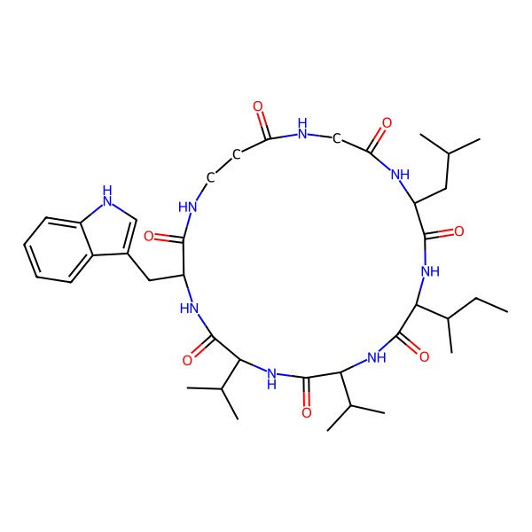 2D Structure of (3R,6R,9S,12R,15R)-12-[(2S)-butan-2-yl]-3-(1H-indol-3-ylmethyl)-15-(2-methylpropyl)-6,9-di(propan-2-yl)-1,4,7,10,13,16,19-heptazacyclodocosane-2,5,8,11,14,17,20-heptone