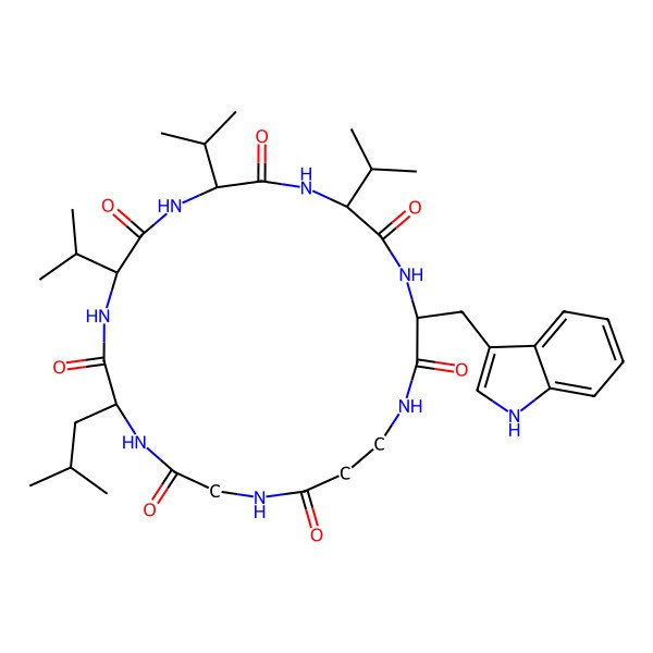 2D Structure of (3R,6R,9S,12R,15R)-3-(1H-indol-3-ylmethyl)-15-(2-methylpropyl)-6,9,12-tri(propan-2-yl)-1,4,7,10,13,16,19-heptazacyclodocosane-2,5,8,11,14,17,20-heptone