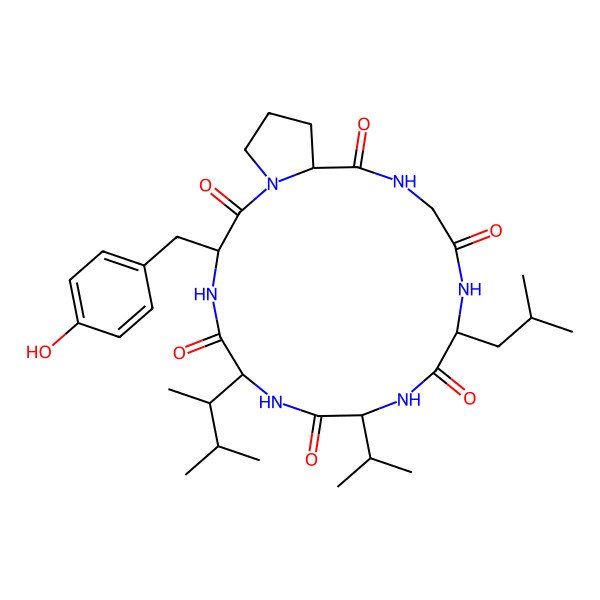 2D Structure of 3-[(4-Hydroxyphenyl)methyl]-6-(3-methylbutan-2-yl)-12-(2-methylpropyl)-9-propan-2-yl-1,4,7,10,13,16-hexazabicyclo[16.3.0]henicosane-2,5,8,11,14,17-hexone