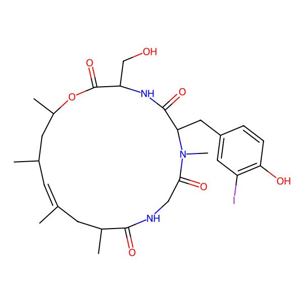 2D Structure of (3R,6S,12S,14E,16S,18R)-6-[(4-hydroxy-3-iodophenyl)methyl]-3-(hydroxymethyl)-7,12,14,16,18-pentamethyl-1-oxa-4,7,10-triazacyclooctadec-14-ene-2,5,8,11-tetrone