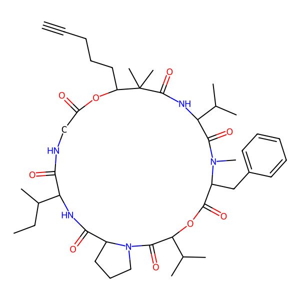 2D Structure of 6-Benzyl-19-butan-2-yl-7,12,12-trimethyl-13-pent-4-ynyl-3,9-di(propan-2-yl)-4,14-dioxa-1,7,10,17,20-pentazabicyclo[20.3.0]pentacosane-2,5,8,11,15,18,21-heptone