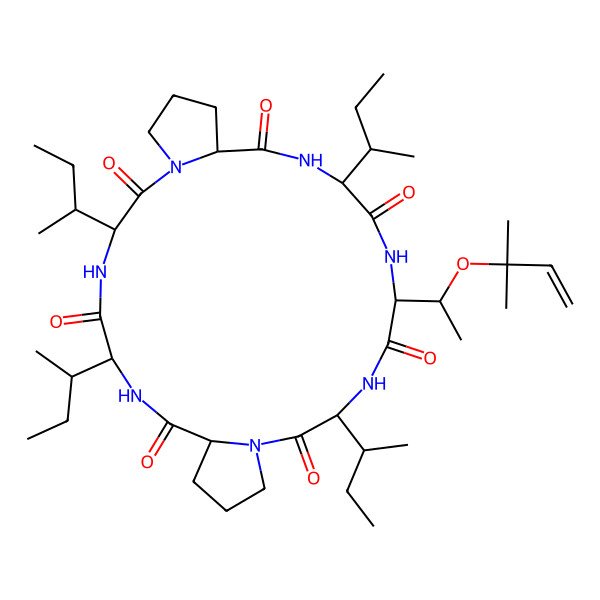 2D Structure of (3S,6S,9R,15S,18S,21S,24S)-3,15,21-tris[(2R)-butan-2-yl]-6-[(2S)-butan-2-yl]-18-[(1S)-1-(2-methylbut-3-en-2-yloxy)ethyl]-1,4,7,13,16,19,22-heptazatricyclo[22.3.0.09,13]heptacosane-2,5,8,14,17,20,23-heptone