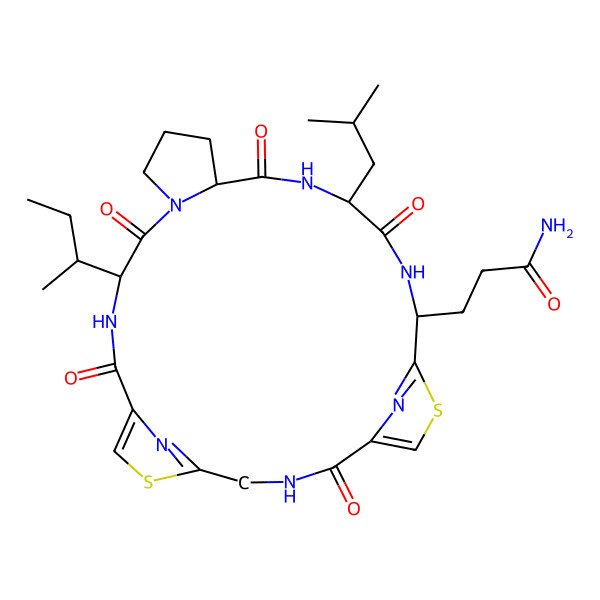 2D Structure of 3-[(11S,17S,20S,23S)-11-[(2S)-butan-2-yl]-20-(2-methylpropyl)-2,9,12,18,21-pentaoxo-6,25-dithia-3,10,13,19,22,27,28-heptazatetracyclo[22.2.1.15,8.013,17]octacosa-1(26),5(28),7,24(27)-tetraen-23-yl]propanamide