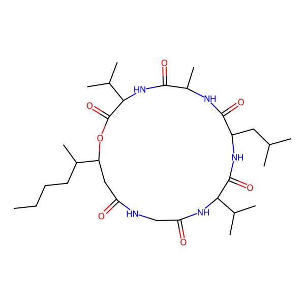 2D Structure of cyclo(L-alanyl-L-valyl-3-hydroxy-4-methyloctanoylglycyl-L-valyl-D-leucyl)
