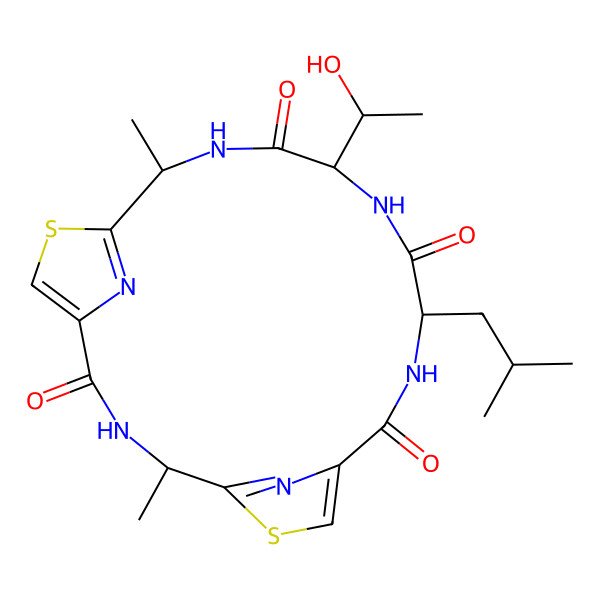 2D Structure of (11S,14S)-14-(1-hydroxyethyl)-4,17-dimethyl-11-(2-methylpropyl)-6,19-dithia-3,10,13,16,21,22-hexazatricyclo[16.2.1.15,8]docosa-1(20),5(22),7,18(21)-tetraene-2,9,12,15-tetrone