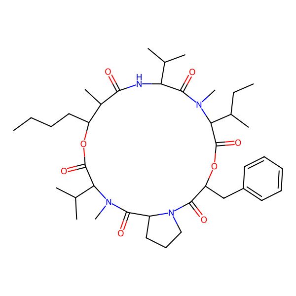 2D Structure of cyclo[N(Me)Ile-OPhe-Pro-N(Me)Val-ObAla(2R-Me,3S-Bu)-Val]