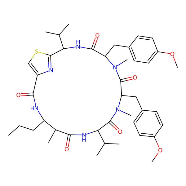 2D Structure of (2S,5R,8S,11S,14S,15R)-5,8-bis[(4-methoxyphenyl)methyl]-6,9,14-trimethyl-2,11-di(propan-2-yl)-15-propyl-20-thia-3,6,9,12,16,21-hexazabicyclo[16.2.1]henicosa-1(21),18-diene-4,7,10,13,17-pentone